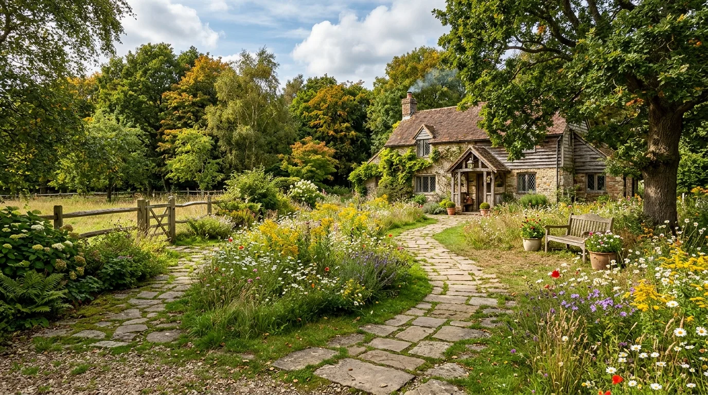 Rustic Country Yard With Trees and Wildflowers